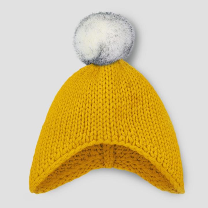 Baby Beanie With Faux Fur Pom - Cat & Jack Yellow 0-6m, Toddler Unisex, Size: Small,