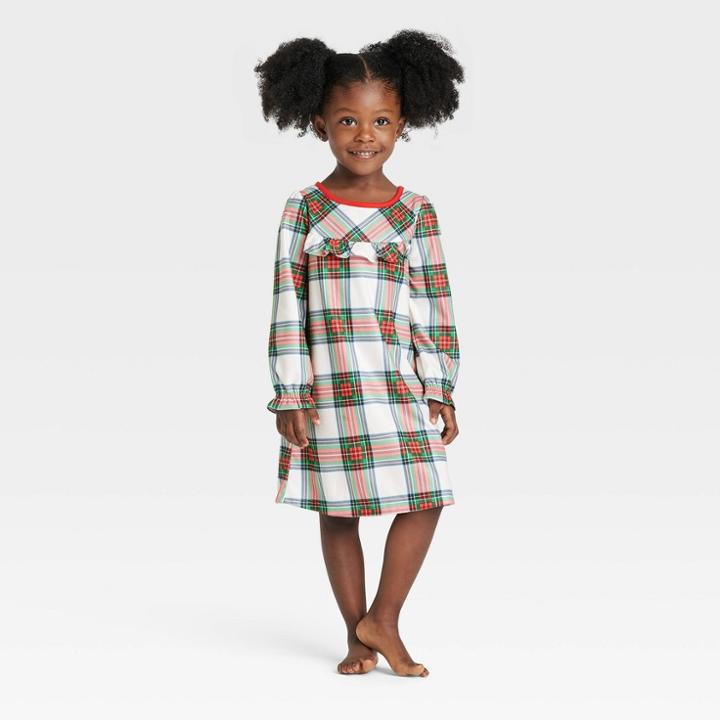 Toddler Holiday Tartan Plaid Flannel Matching Family Pajama Nightgown - Wondershop Cream