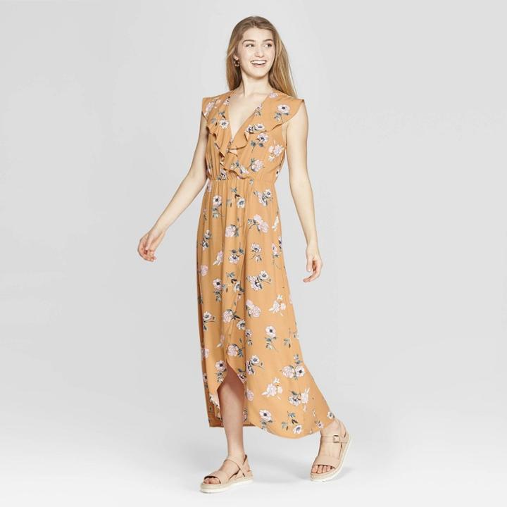 Women's Floral Print Flutter Sleeve V-neck Wrap Maxi Dress - Xhilaration Gold