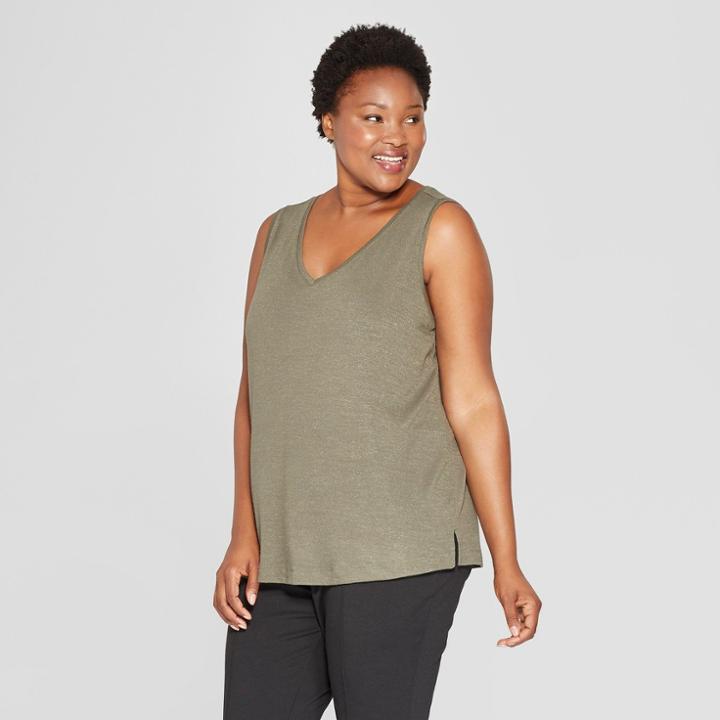 Women's Plus Size V-neck Tank - Ava & Viv Olive (green)