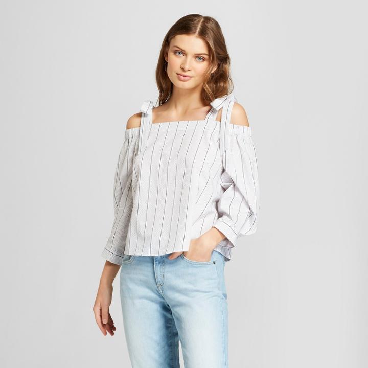 Women's Striped 3/4 Sleeve Tie Shoulder Shirt - A New Day Gray