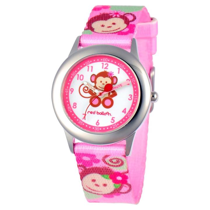 Disney Girls' Red Balloon Pretty Girl Monkey Stainless Steel Time Teacher Watch - Pink, Girl's