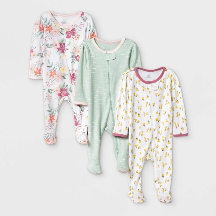 Baby Girls' 3pk Meadow Zip-up Sleep N' Play - Cloud Island White/mint/yellow Newborn