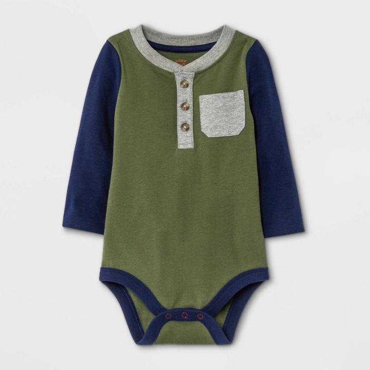 Baby Boys' Henley Colorblock Long Sleeve Bodysuit With Pocket - Cat & Jack Olive Green Newborn