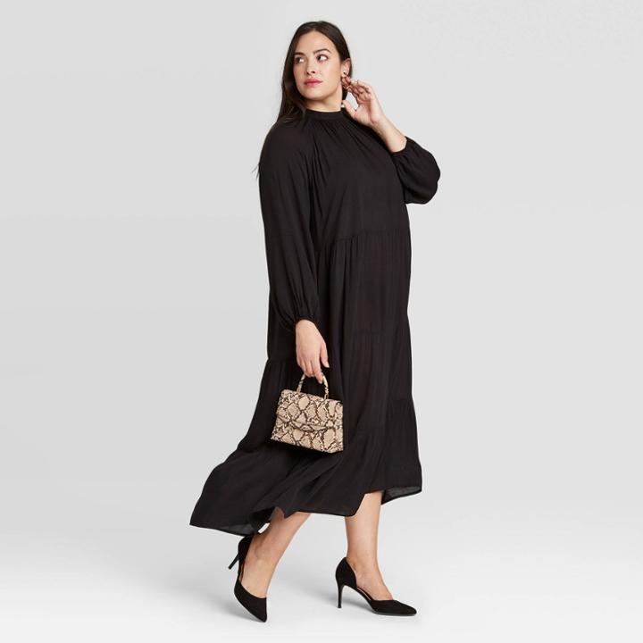 Women's Plus Size High Neck Long Sleeve Tiered Dress - A New Day Black
