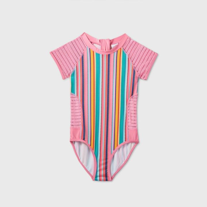 Girls' Short Sleeve Vertical Stripe Mesh One Piece Swimsuit - Art Class Pink