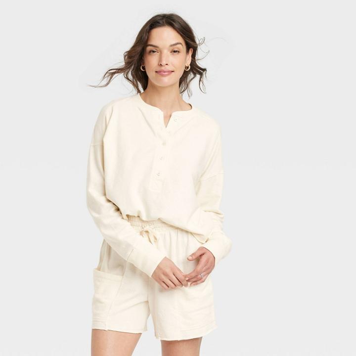 Women's Long Sleeve Henley Neck Cropped Shirt - Universal Thread Cream
