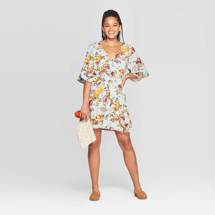 Women's Floral Print Elbow Sleeve V-neck Mini Dress - Xhilaration Light Blue