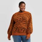 Women's Plus Size Animal Print Puff Sleeve Crewneck Jacquard Pullover - Ava & Viv Brown