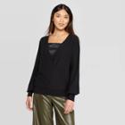 Women's Long Sleeve V-neck Wrap Pull Over Sweater - Prologue Black S, Women's,