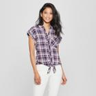 Women's Plaid Short Sleeve Tie Front Lattice Back Top - Almost Famous (juniors') Navy