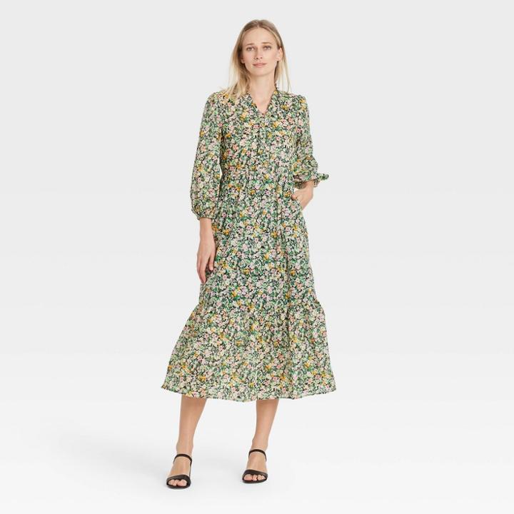 Women's Floral Print Balloon Long Sleeve Dress - Who What Wear Green