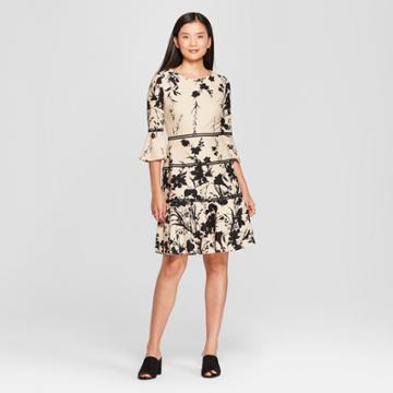 Women's Floral Tiered Bell Sleeve Dress - Melonie T - Tan