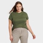Women's Plus Size Short Sleeve Ribbed T-shirt - A New Day Olive Green