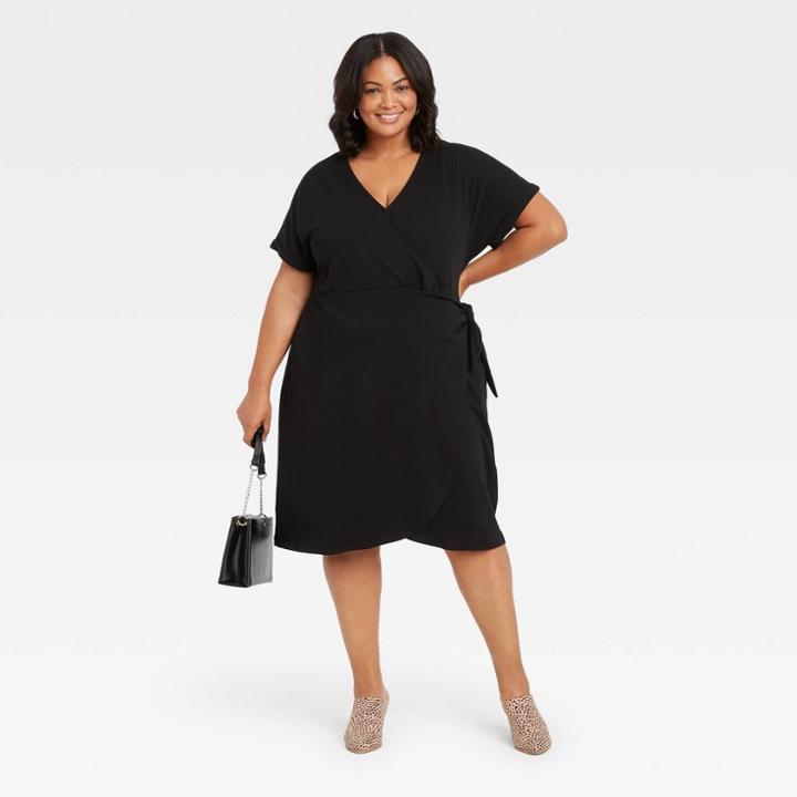 Women's Plus Size Short Sleeve Wrap Dress - Ava & Viv Black X