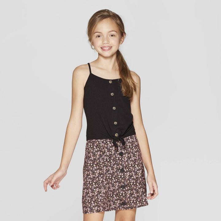 Girls' Button Tie Front Tank Top - Art Class Black