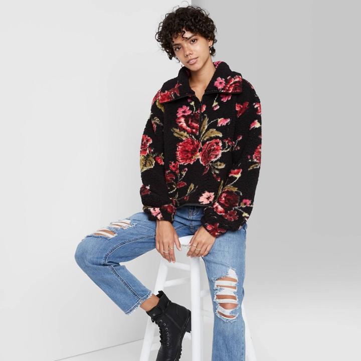 Women's Quarter Zip Sherpa Pullover Sweatshirt - Wild Fable Black