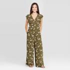 Women's Floral Print Short Flutter Sleeve V-neck Button Front Tie Waist Jumpsuit - Xhilaration Olive