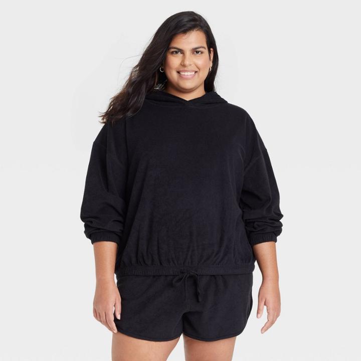 Women's Plus Size Long Sleeve Terry Hooded Shirt - Ava & Viv Black X