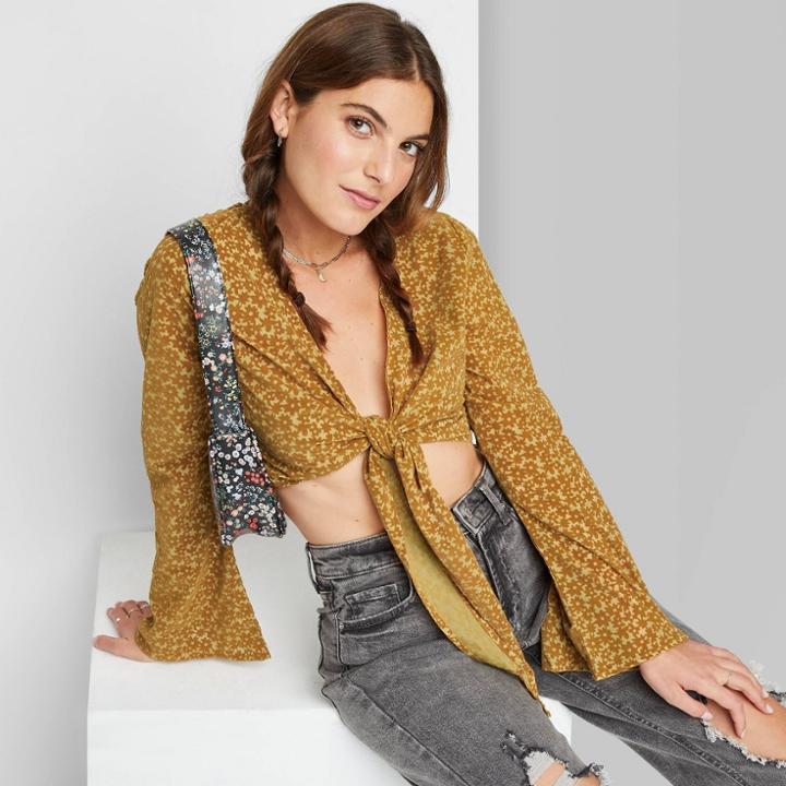 Women's Bell Long Sleeve Tie-front Blouse - Wild Fable Mustard Yellow Floral