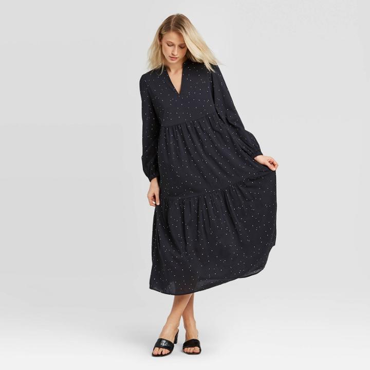 Women's Polka Dot Long Sleeve Tiered Flowy Dress - Who What Wear Black