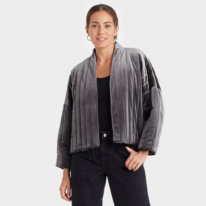 Women's Quilted Velvet Duster Jacket - A New Day Gray