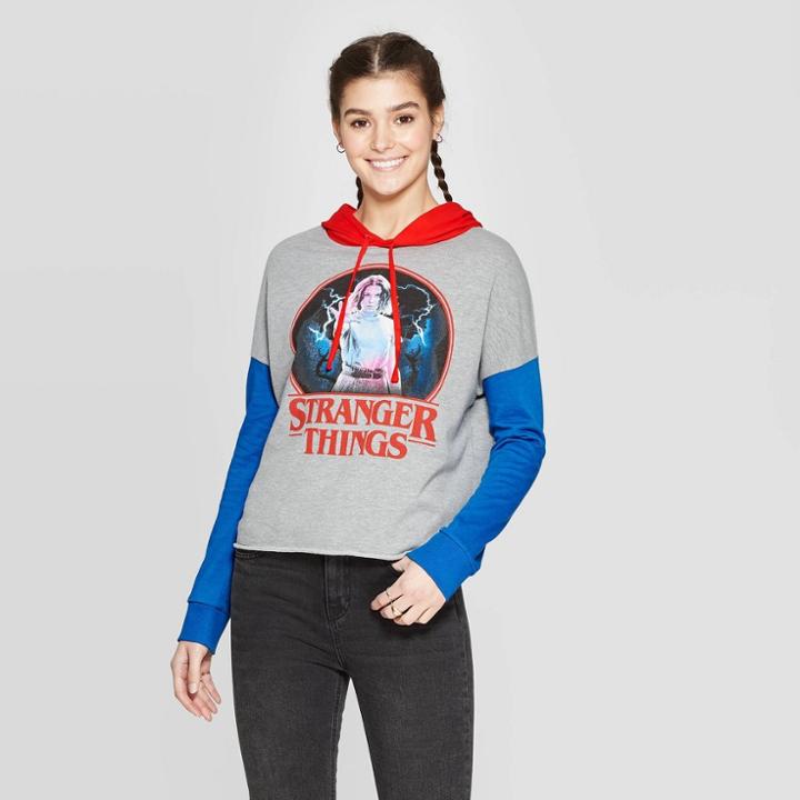 Target Women's Stranger Things Color Blocked Cropped Hoodie (juniors') - Gray/red/blue
