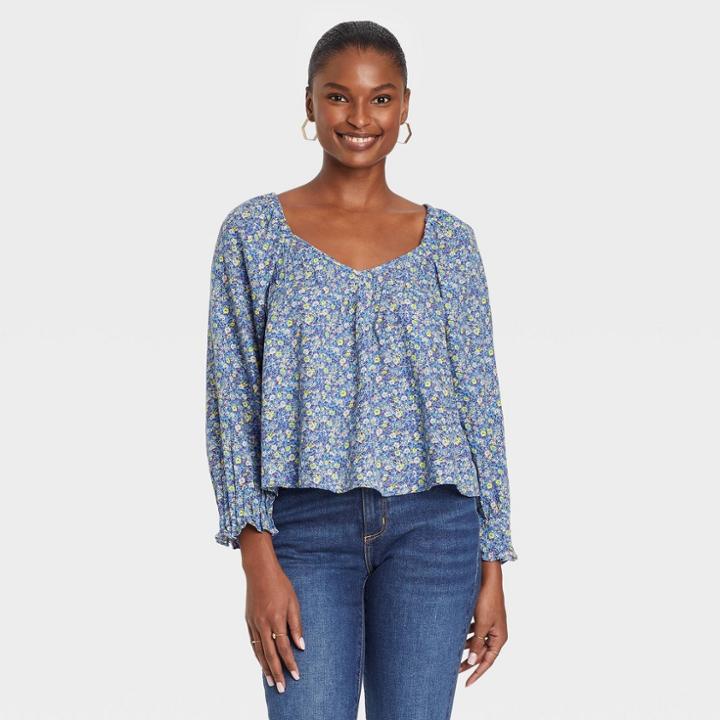 Women's Long Sleeve Pintuck Blouse - Universal Thread Navy Blue Floral