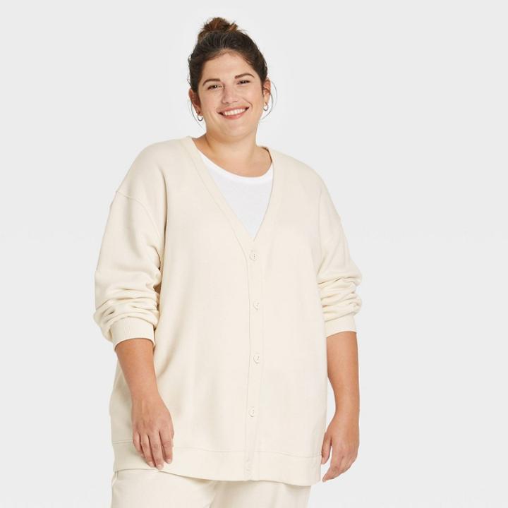 Women's Plus Size All Day Fleece Button-front Cardigan - A New Day Cream