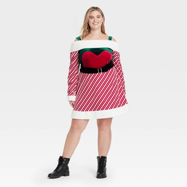 Born Famous Women's Plus Size Holiday Long Sleeve Striped Graphic Dress - Red