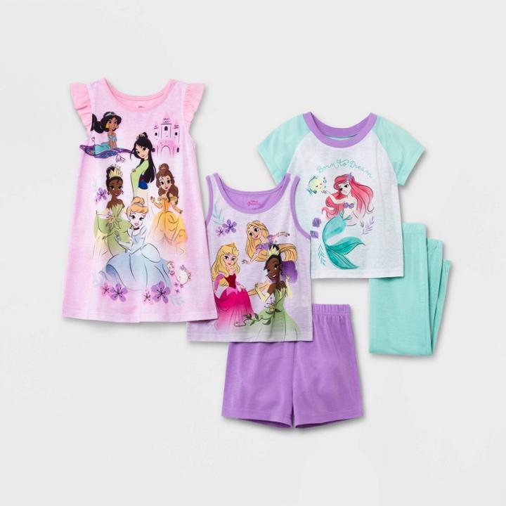 Toddler Girls' 5pc Disney Princess Pajama Set - 2t, Green/pink/purple