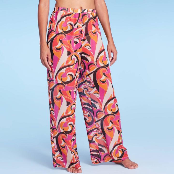 Women's Pull-on Cover Up Pants - Shade & Shore Multi Abstract Print S, Black/ivory/orange