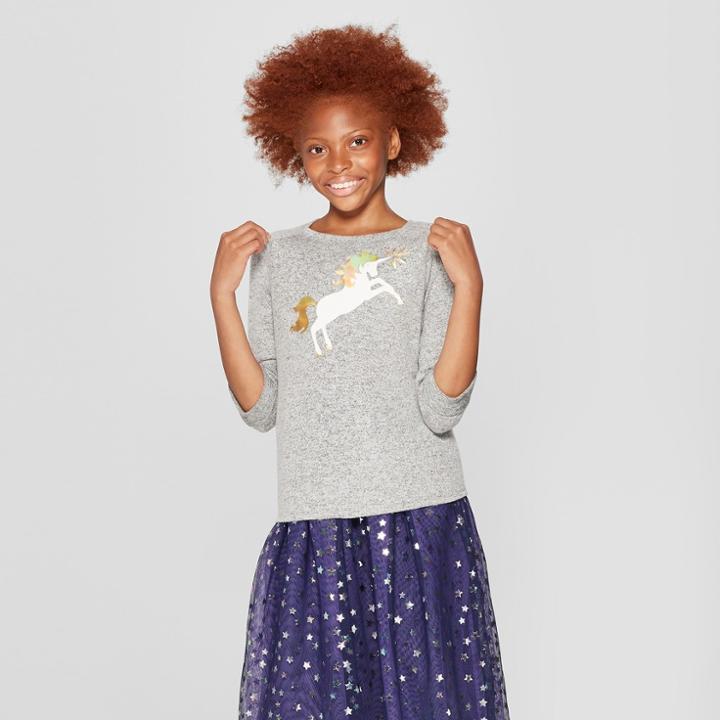 Girls' 3/4 Sleeve Unicorn Cozy Pullover - Cat & Jack Heather Gray