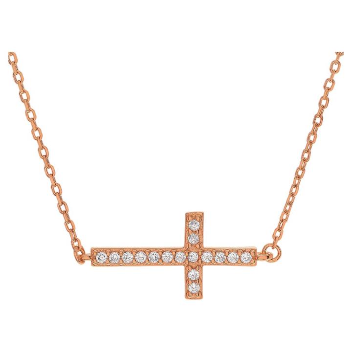 Journee Collection 1/6 Ct. T.w. Round-cut Cz Pave Set Sideways Cross Necklace In Sterling Silver - Rose Gold, Girl's