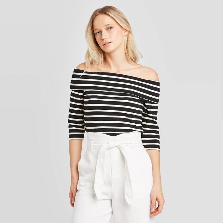 Women's Striped 3/4 Sleeve Off The Shoulder Bardot T-shirt - Who Who What Wear Black