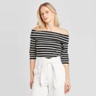 Women's Striped 3/4 Sleeve Off The Shoulder Bardot T-shirt - Who Who What Wear Black