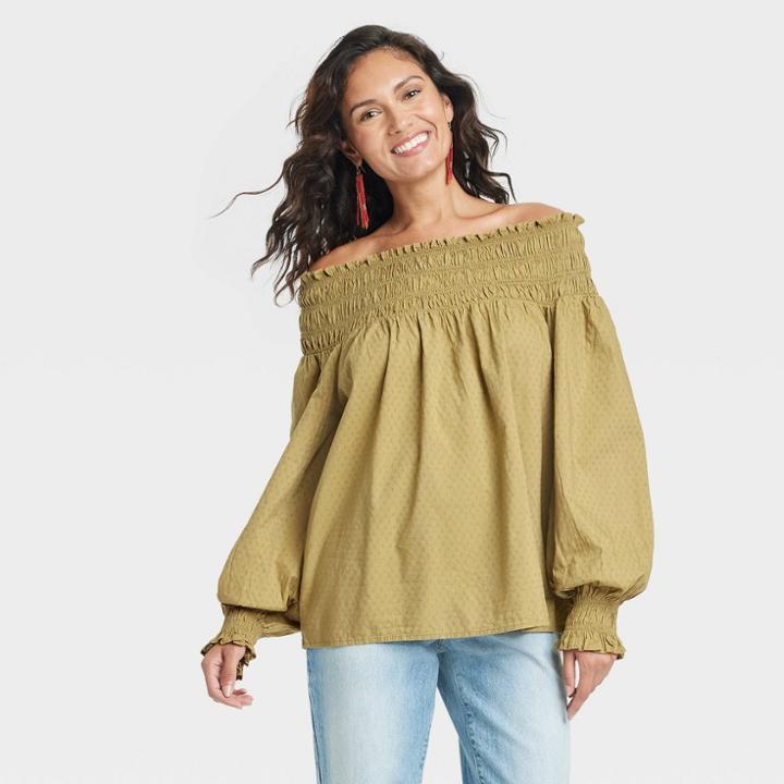 Women's Balloon Long Sleeve Smocked Blouse - Universal Thread Green