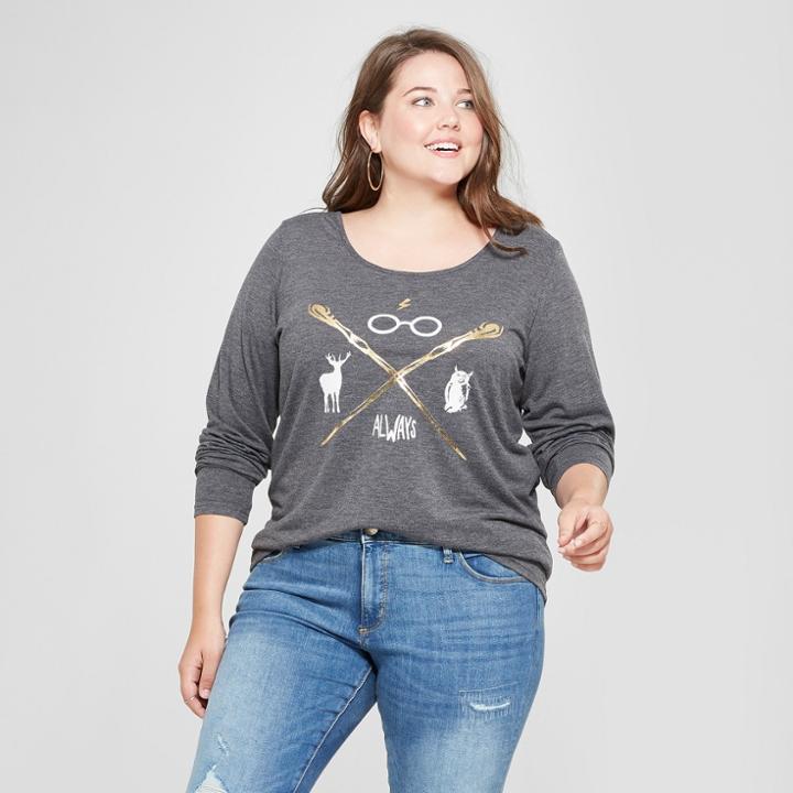 Women's Harry Potter Plus Size Long Sleeve Wand Graphic T-shirt (juniors') Black