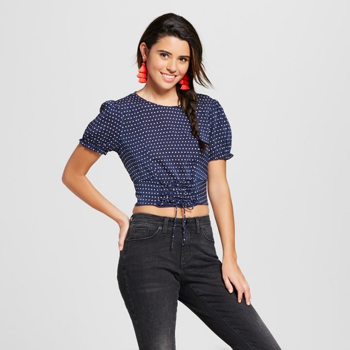 Women's Polka Dot Short Sleeve Top With Corset Detail - Xhilaration Navy (blue)