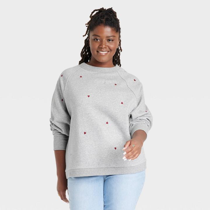 Women's Plus Size Embroidered Fleece Sweatshirt - Universal Thread Gray Hearts