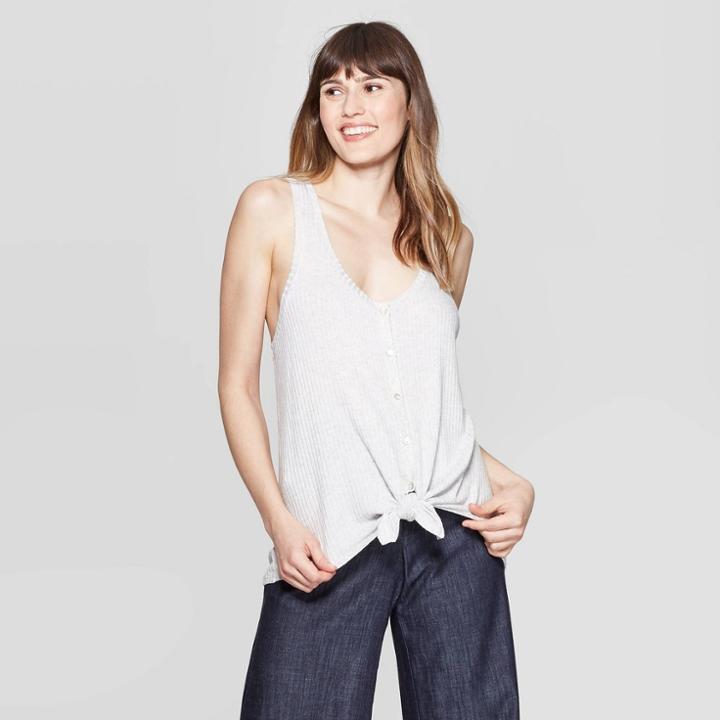 Women's Scoop Neck Tie-front Rib Tank Top - A New Day Gray