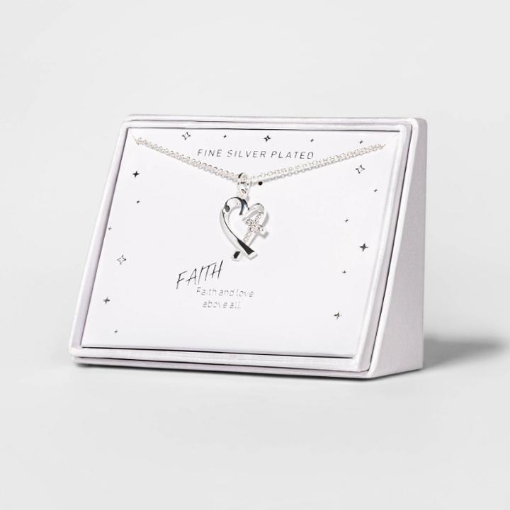 No Brand Clear Cross And Heart Necklace - Silver, Women's,