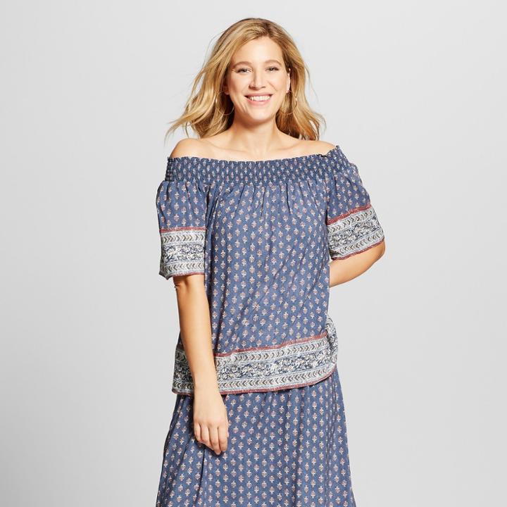 Women's Short Sleeve Border Print Off The Shoulder Top - Knox Rose Blue