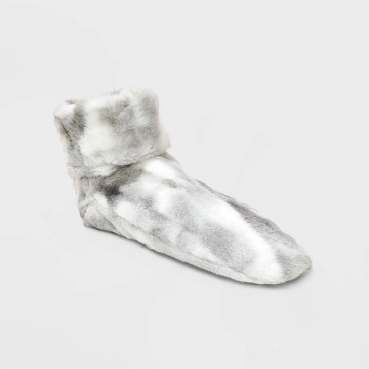 No Brand Women's Marble Printed Faux Fur Booties With Grippers - Gray/ivory