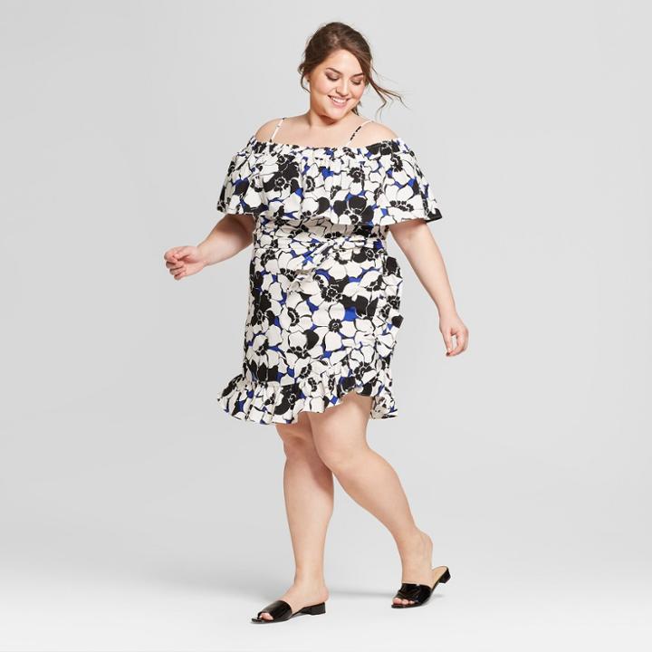 Women's Plus Size Floral Print Belted Bardot Mini Dress - Who What Wear White/black X, White/black Floral