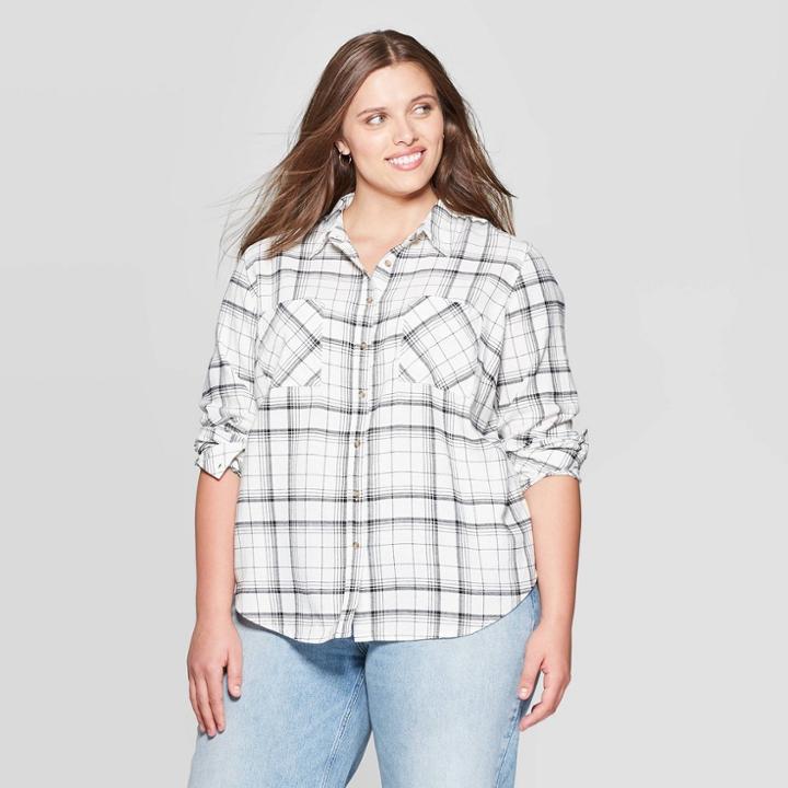 Women's Plus Size Plaid Long Sleeve Collared Flannel Top - Universal Thread White