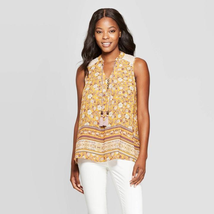 Women's Floral Print Sleeveless V-neck Button Tank Top With Tassels - Xhilaration Gold