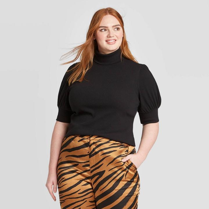 Women's Plus Size Puff Short Sleeve Mock Turtleneck T-shirt - Who What Wear Black 1x, Women's,