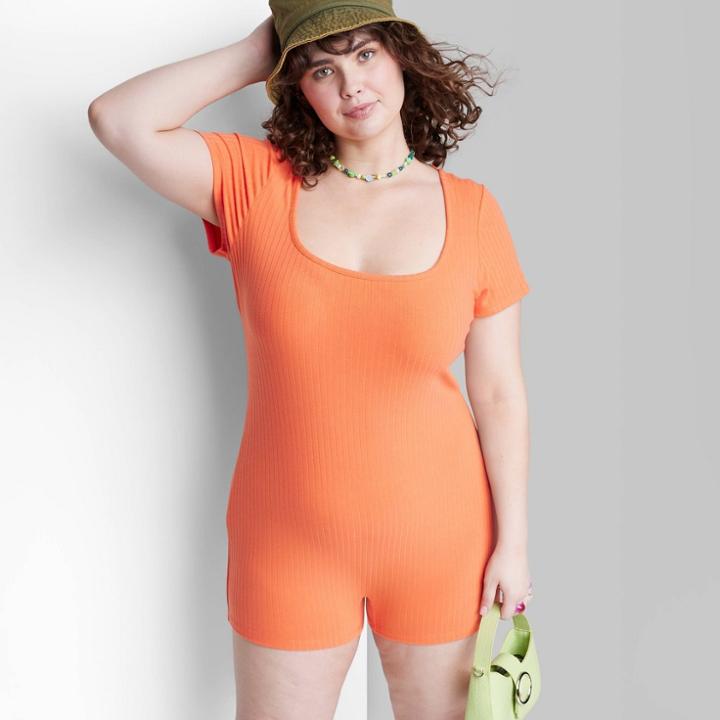 Women's Short Sleeve Lace-up Back Fitted Romper - Wild Fable Coral Orange