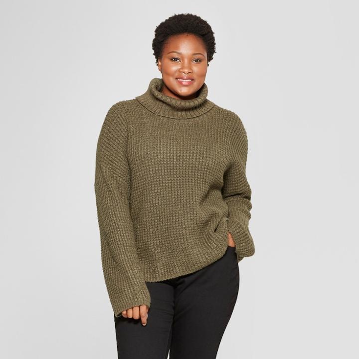 Women's Plus Size Long Sleeve Waffle Stitch Turtleneck - Universal Thread Olive (green)